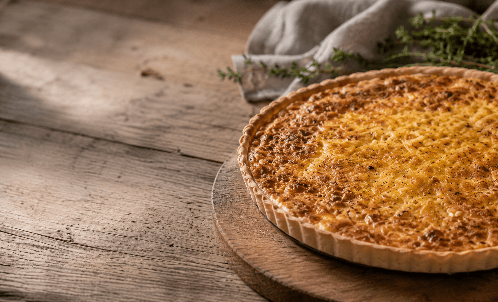 Freshly baked quiche with herbs on a warm wooden table
